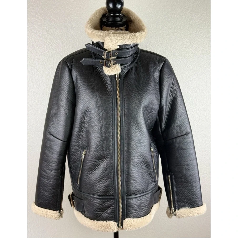 Zara Black Faux Leather Shearling Lined Aviator Jacket - Picture 10 of 12